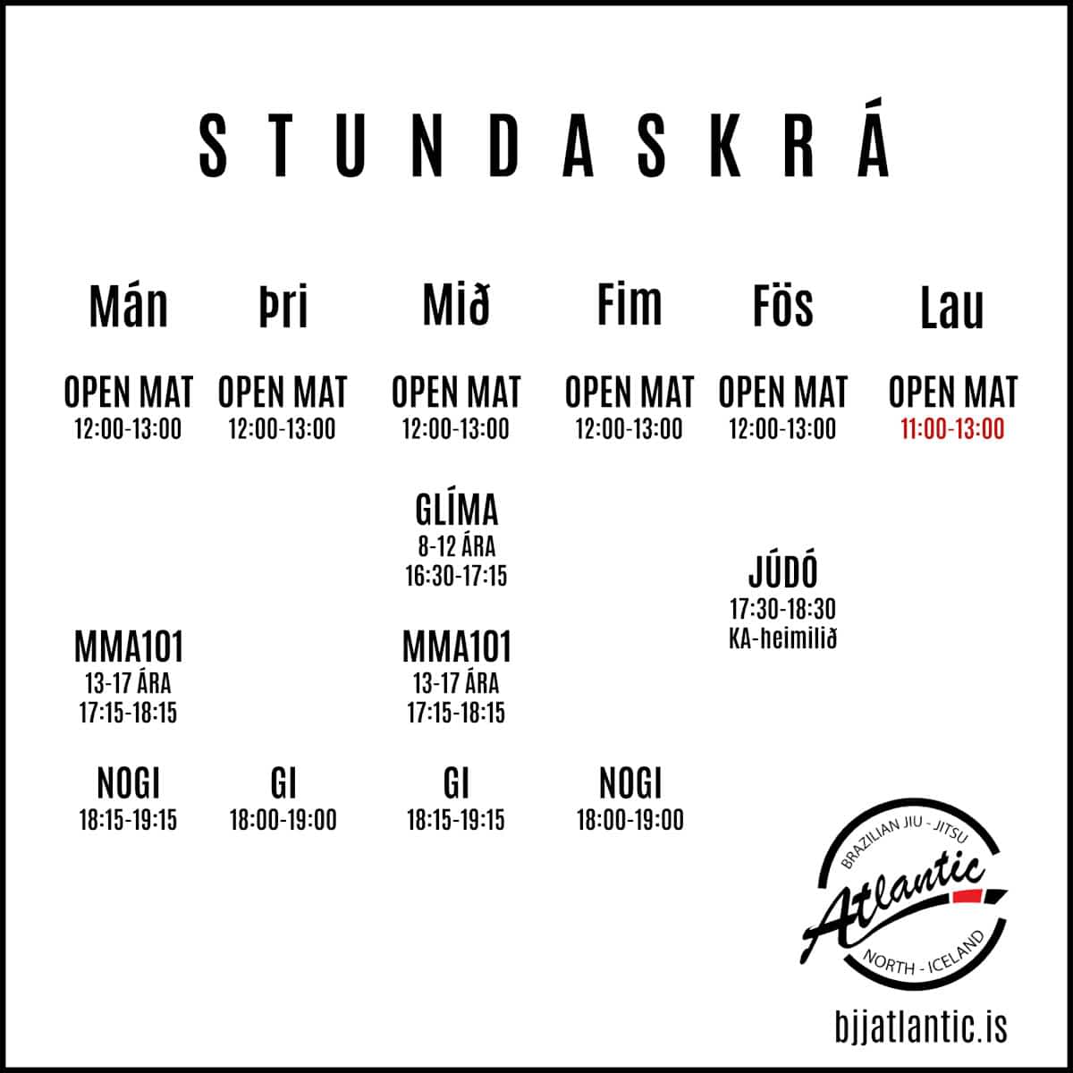 Atlantic Jiu Jitsu Akureyri - Stundaskrá Haust 2024