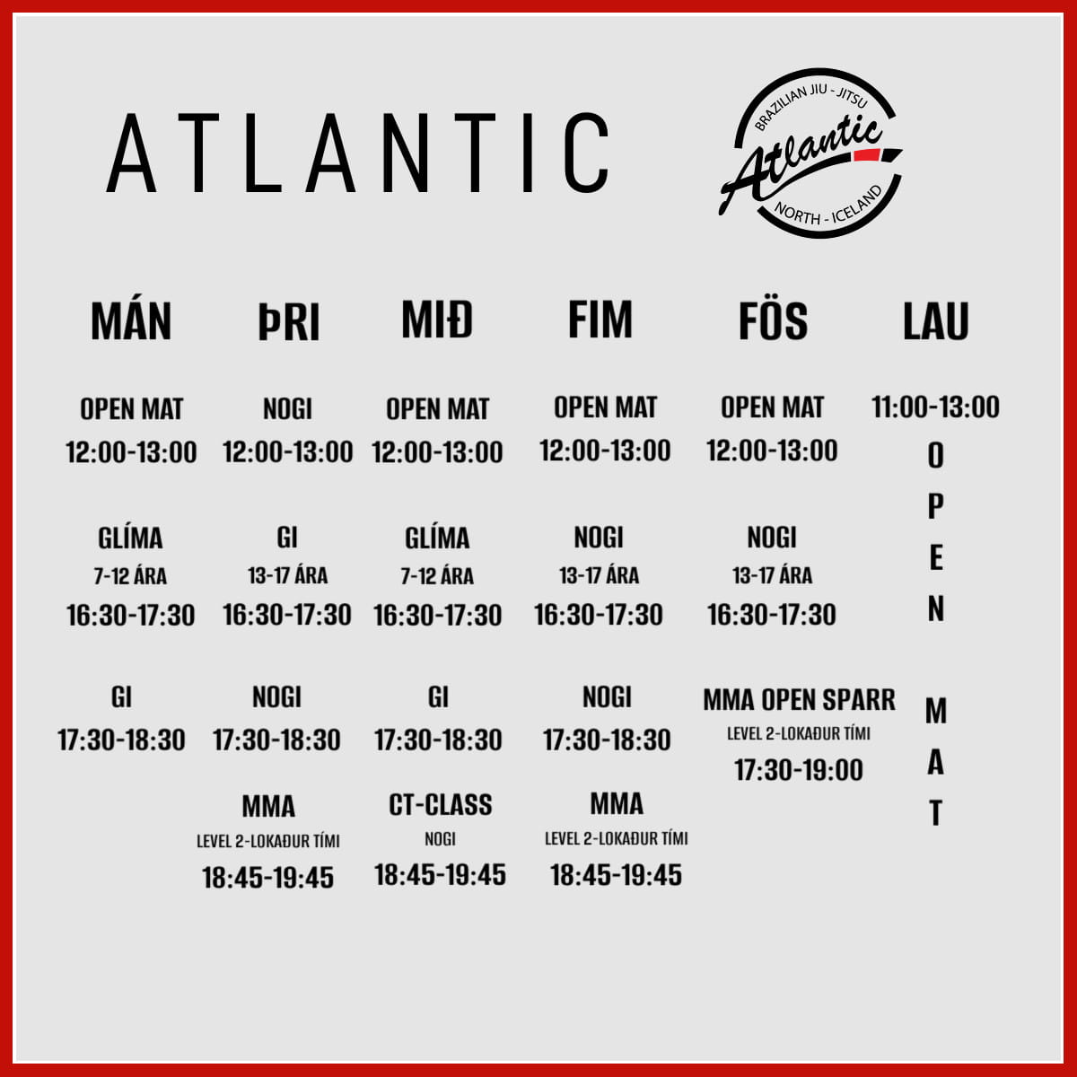 Atlantic Jiu Jitsu Akureyri - Stundaskrá 2026