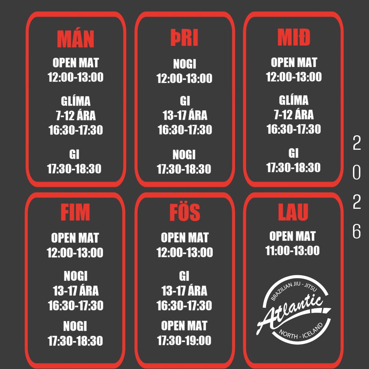 Atlantic Jiu Jitsu Akureyri - Stundaskrá Vor 2026