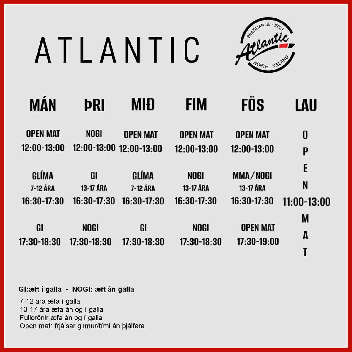 Atlantic Jiu Jitsu Akureyri - Stundaskrá Haust 2025